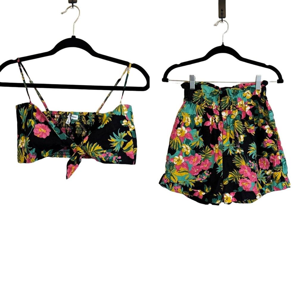 Express X Rocky Barnes Floral 2PC Set Crop Top Shorts Black Small/XS